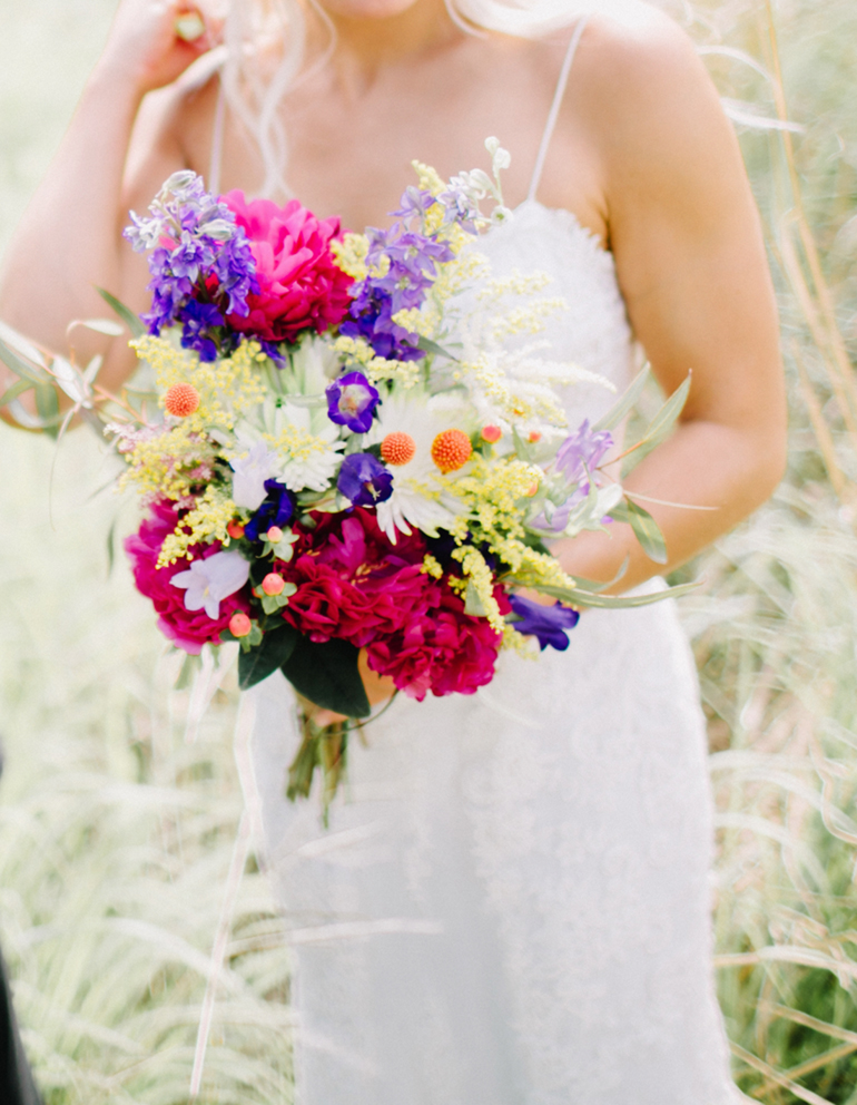 wildflower wedding bouquet with peonies
