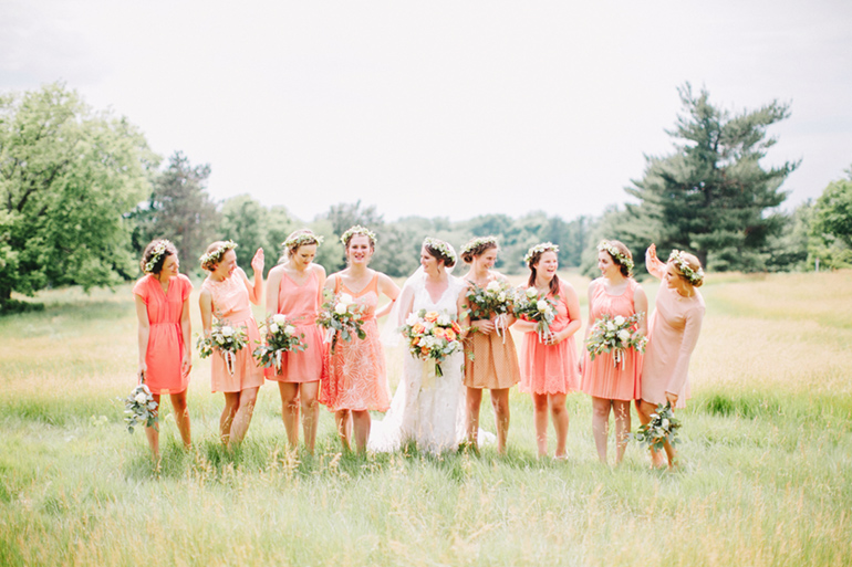 bridesmaid color ideas - coral and peach with greenery crowns
