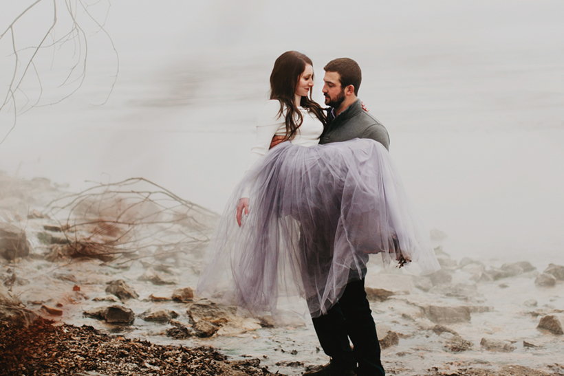 foggy day engagement pictures along the river