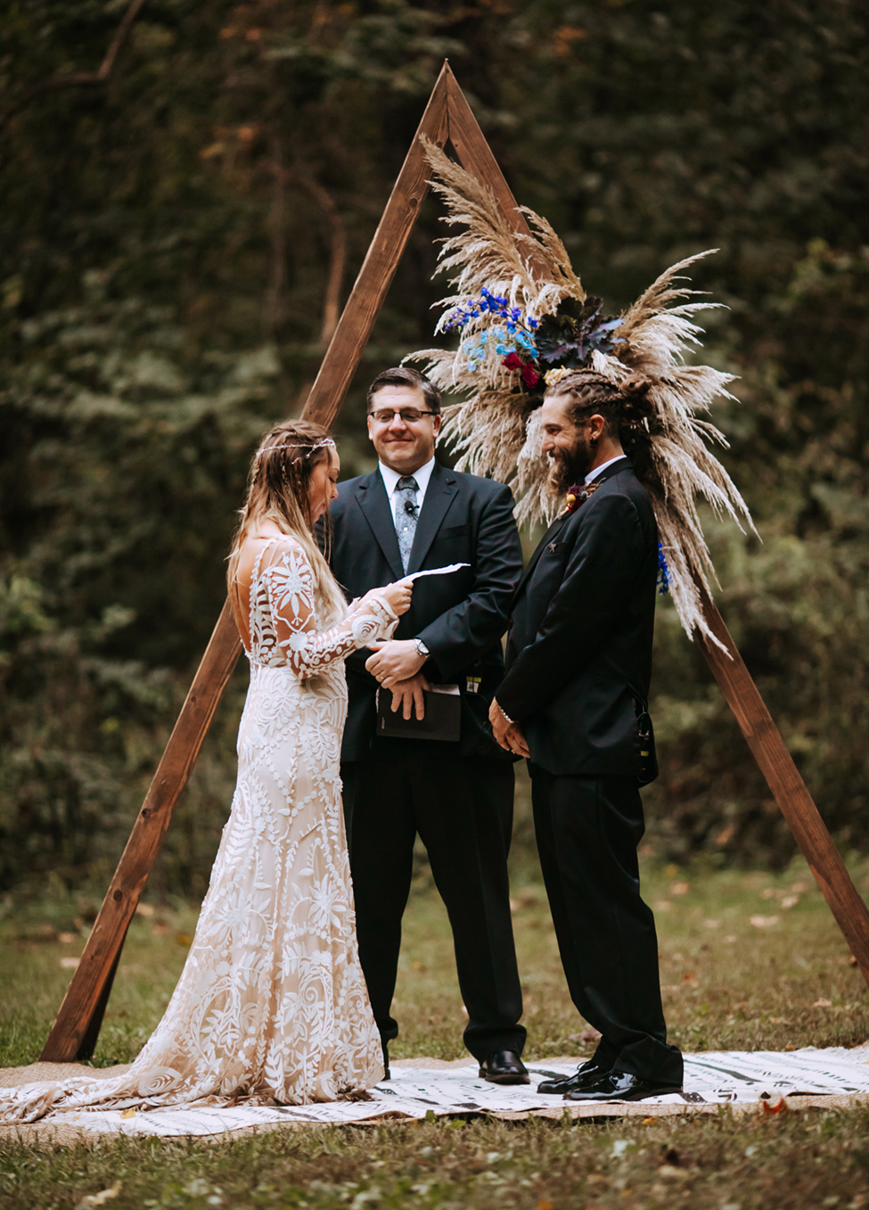 triangle geometric wedding ceremony arbor with pampas grass by spruce rentals in peoria Il