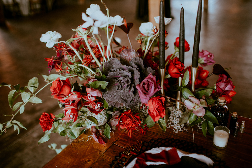 wedding decor black candles cabbage in bouquet, rich jewel tone wedding flowers