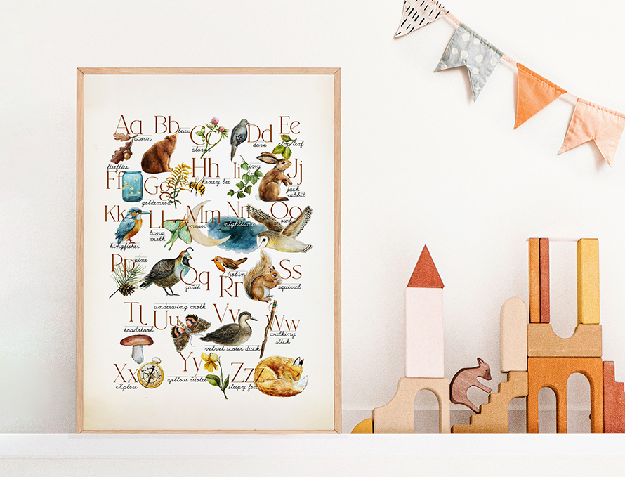 woodland abc poster or print of forest animals and alphabet